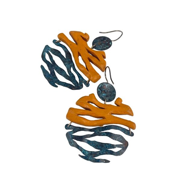Handcrafted Abstract Art Earrings With Orange & Blue Design Wood and oxidized me - Picture 2 of 7